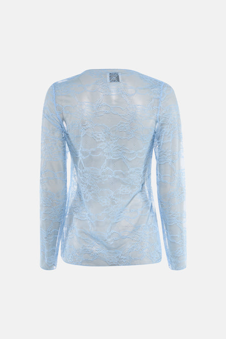 T-shirt à manches longues bleu de Terra di Siena avec motif en dentelle florale, vue arrière.
