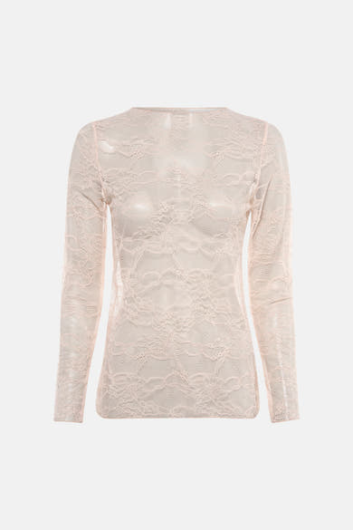 Roze T-shirt met lange mouwen Terra di Siena in delicate bloemenkant, op een effen achtergrond.