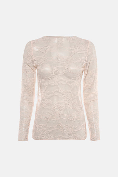 Roze T-shirt met lange mouwen Terra di Siena in delicate bloemenkant, op een effen achtergrond.