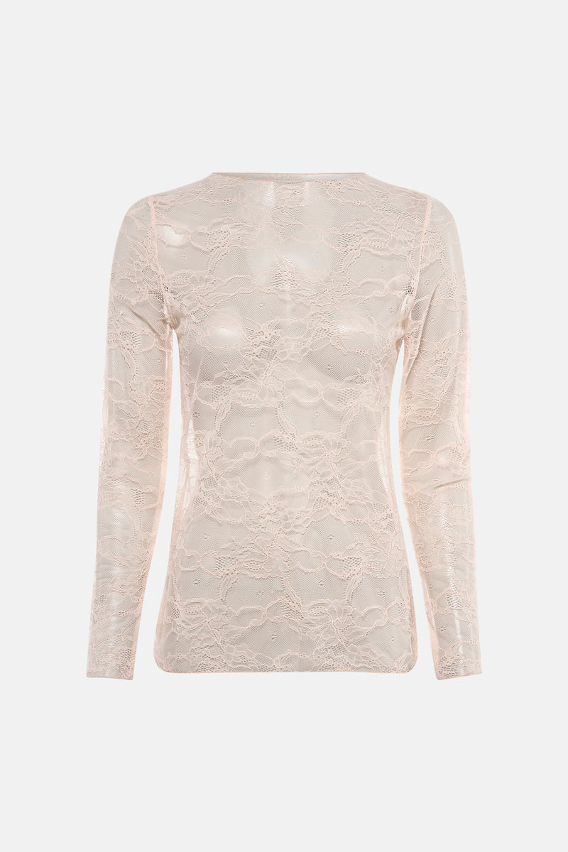 Roze T-shirt met lange mouwen Terra di Siena in delicate bloemenkant, op een effen achtergrond.