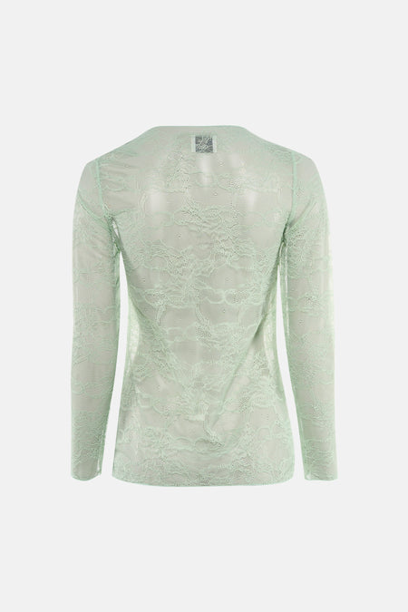 T-shirt à manches longues vert de Terra di Siena, en dentelle florale transparente.