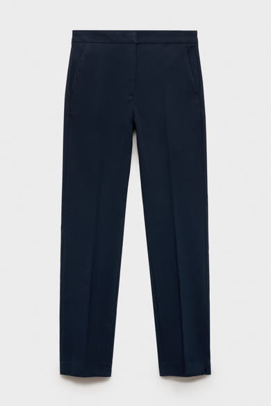 Donkerblauwe broek van MANGO, rechte pasvorm met zijzakken en onderzomen.