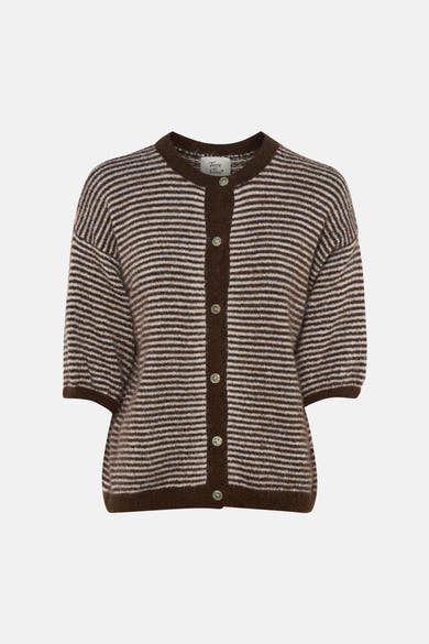 Multicolored striped knit gilet by Terra di Siena, featuring brown and cream horizontal stripes, ribbed trim, front button closure, short sleeves, front view