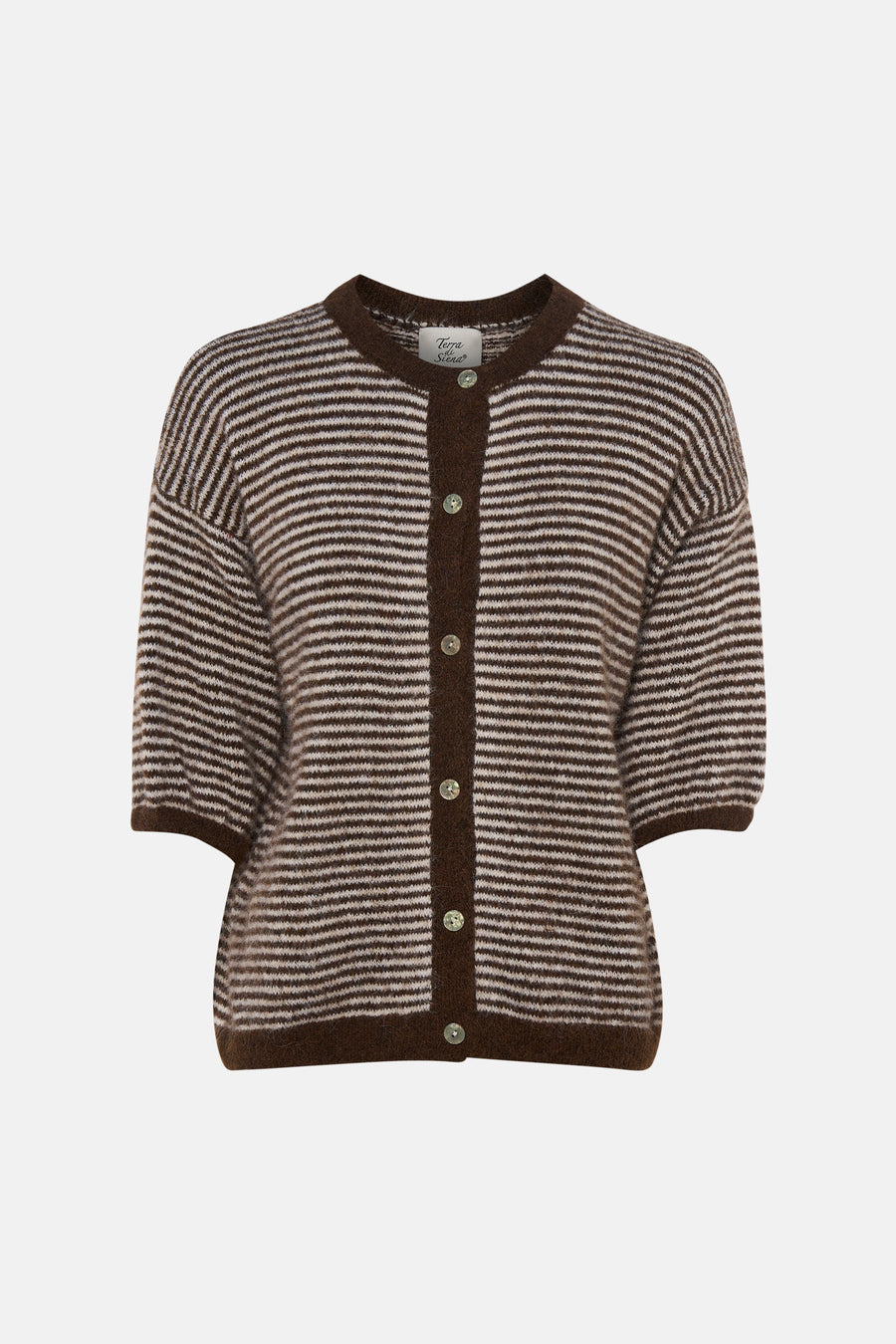 Multicolored striped knit gilet by Terra di Siena, featuring brown and cream horizontal stripes, ribbed trim, front button closure, short sleeves, front view