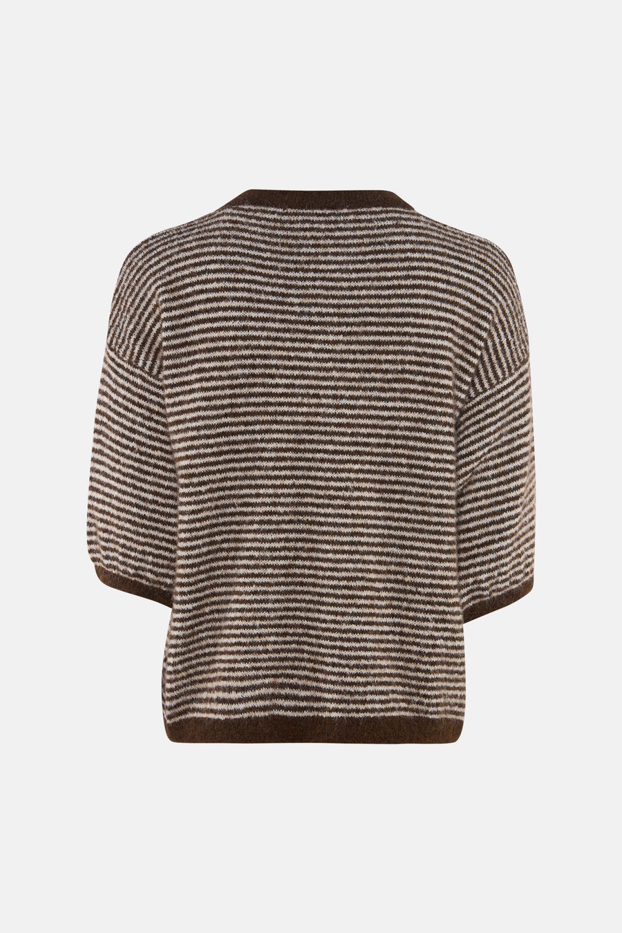 Multicolored knitted gilet with brown and cream horizontal stripes, ribbed hem and cuffs, back view