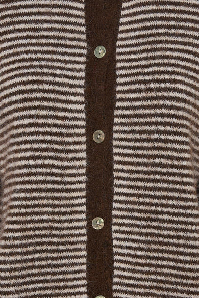 Multicolored striped knit gilet with brown and cream horizontal stripes, featuring a solid brown front placket with shiny circular buttons, close-up front view.