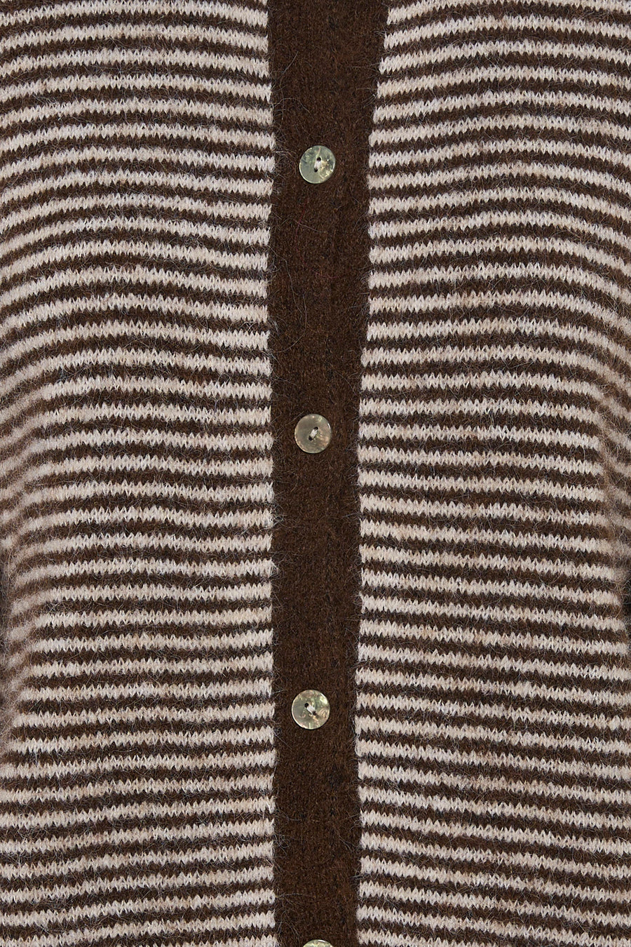 Multicolored striped knit gilet with brown and cream horizontal stripes, featuring a solid brown front placket with shiny circular buttons, close-up front view.