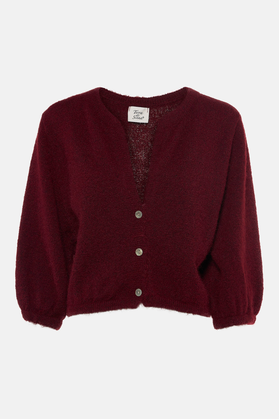 Gilet bordeaux en laine douce à boutons argentés par Terra di Siena, vue de face, coupe courte et manches ballon