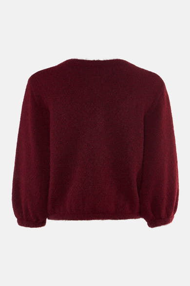 Gilet bordeaux en laine douce de Terra di Siena, vue arrière, manches ballon, texture moelleuse