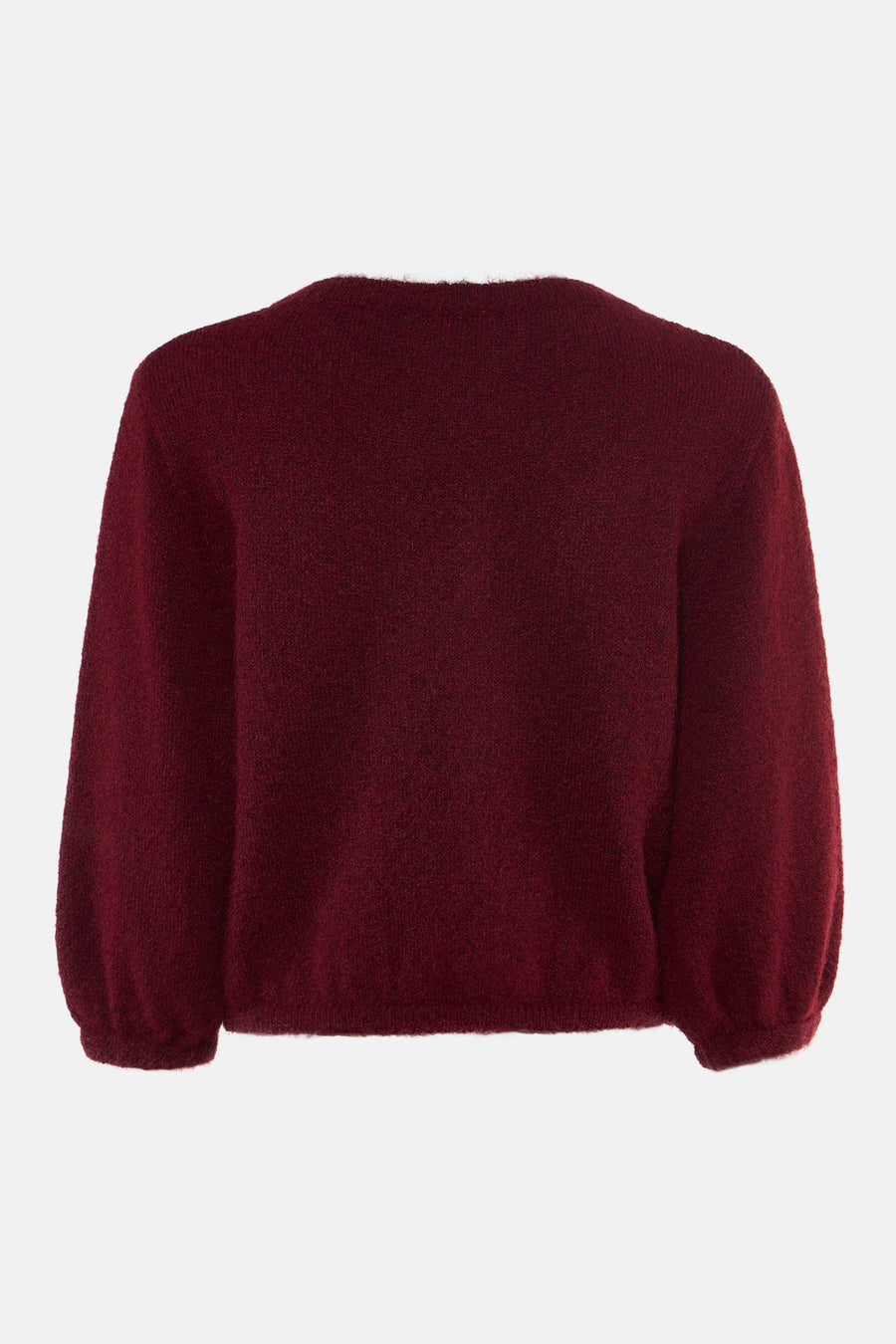 Gilet bordeaux en laine douce de Terra di Siena, vue arrière, manches ballon, texture moelleuse