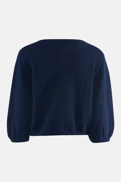 Gilet bleu marine en laine douce, vue arrière, par Terra di Siena, manches bouffantes et coupe courte