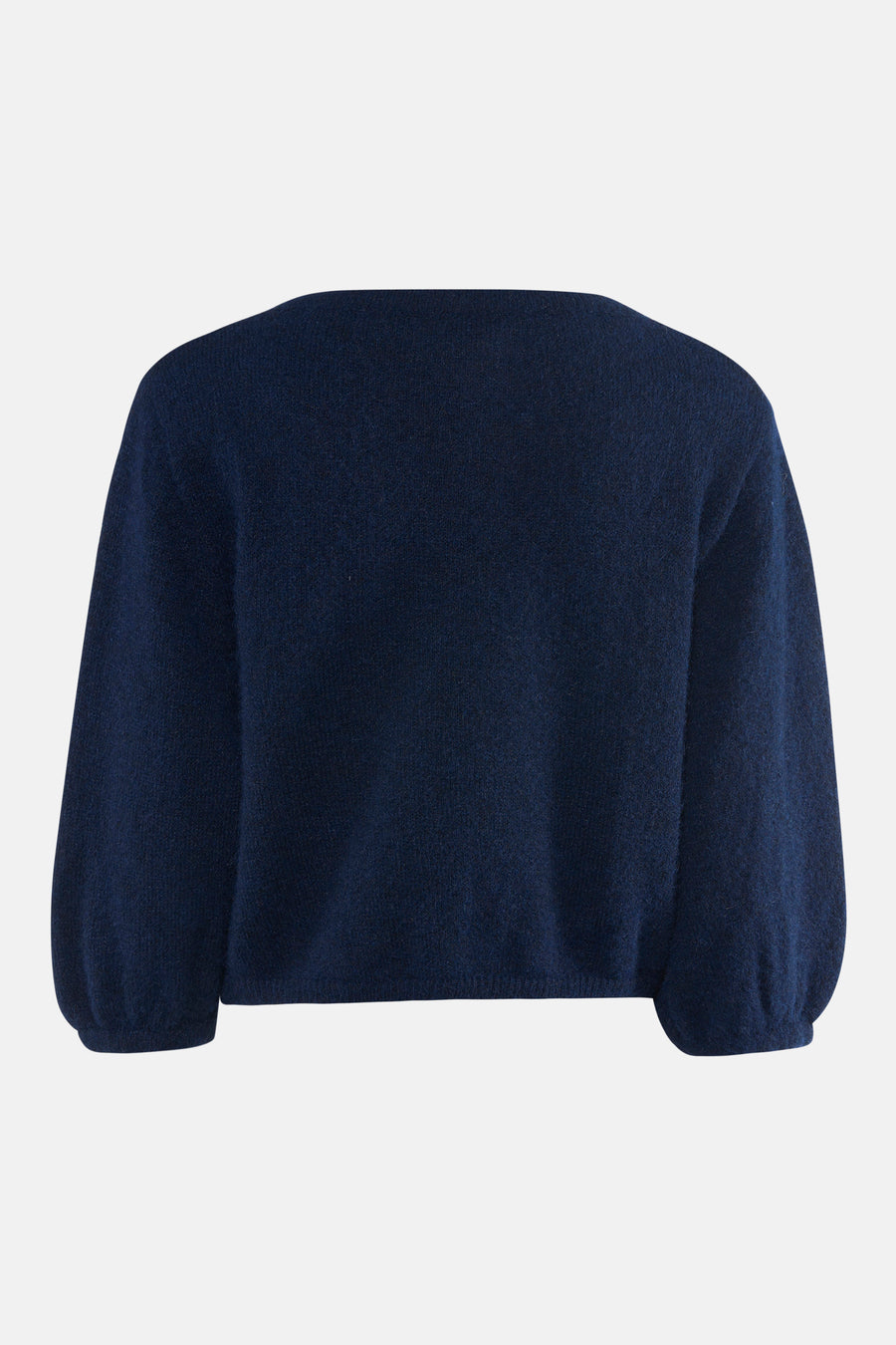 Gilet bleu marine en laine douce, vue arrière, par Terra di Siena, manches bouffantes et coupe courte