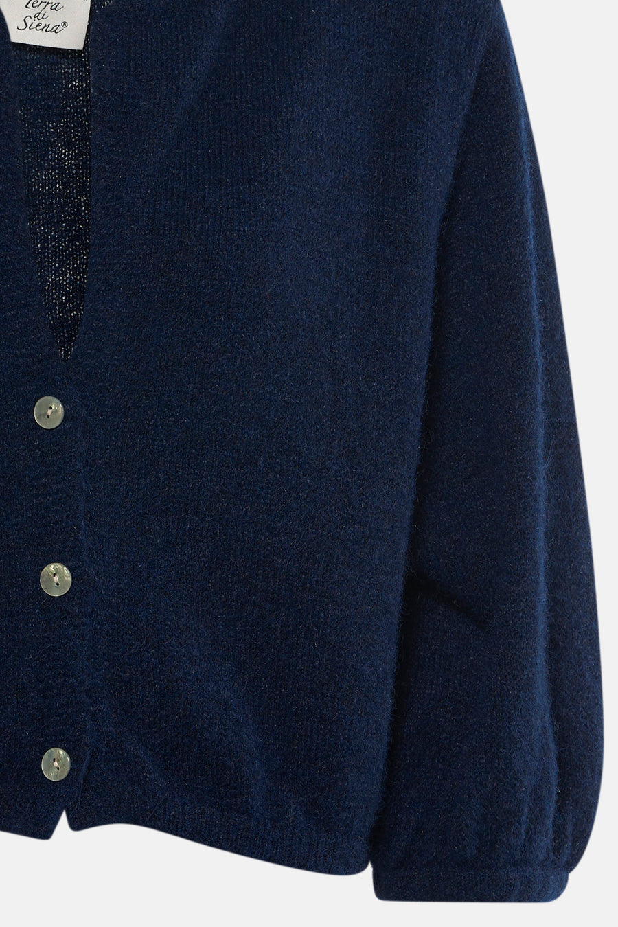Gilet bleu en laine épaisse par Terra di Siena, boutons argentés, vue de côté