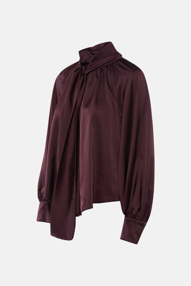 Bordeaux blouse met lange mouwen van Terra di Siena, met een opstaande strikkraag en gedrapeerde details.