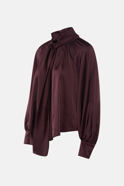 Bordeaux blouse met lange mouwen van Terra di Siena, met een opstaande strikkraag en gedrapeerde details.