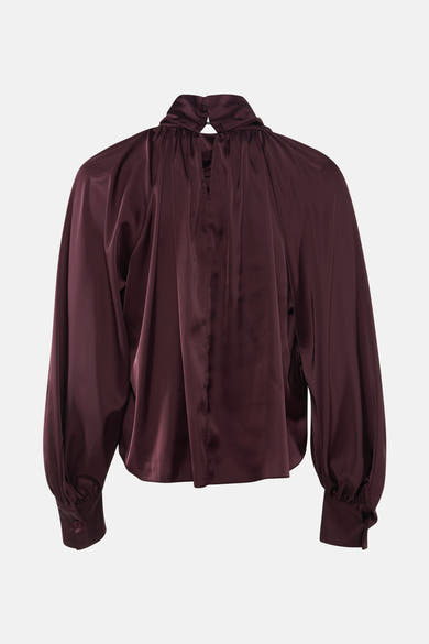 Bordeaux blouse met lange mouwen van Terra di Siena, met opstaande kraag en knoopsluiting in de rug.