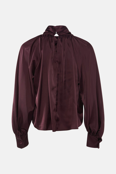 Bordeaux blouse met lange mouwen van Terra di Siena, met opstaande kraag en knoopsluiting in de rug.