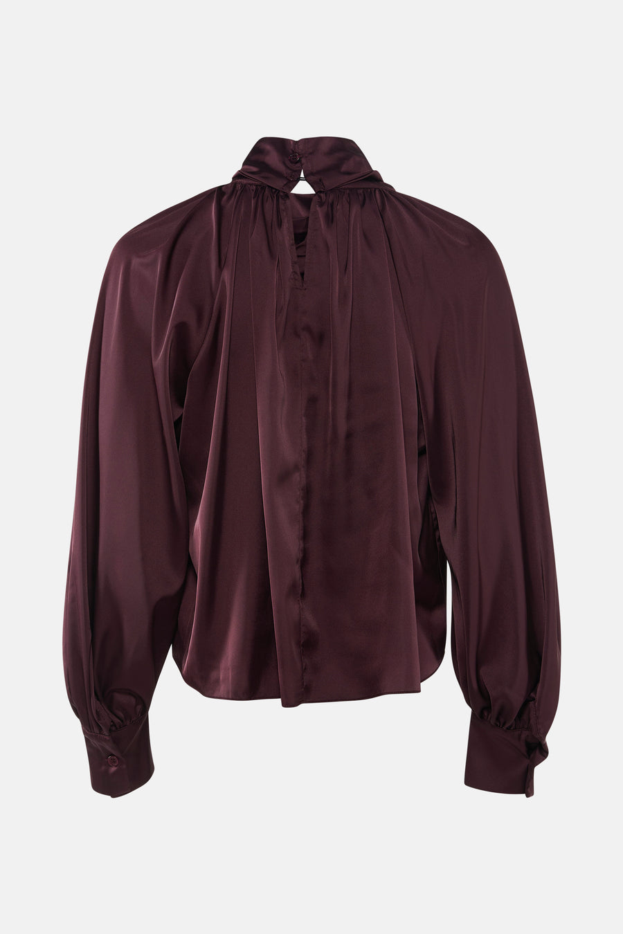 Bordeaux blouse met lange mouwen van Terra di Siena, met opstaande kraag en knoopsluiting in de rug.