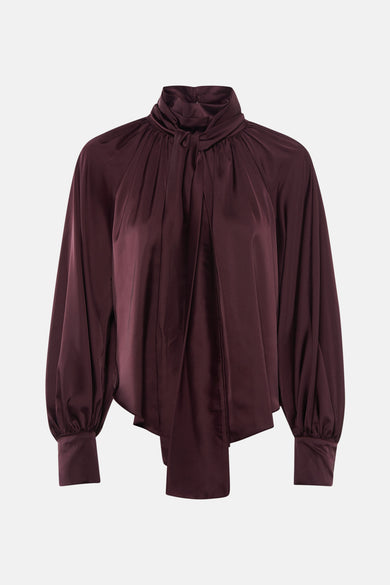 Bordeaux blouse met lange mouwen van Terra di Siena, met opstaande kraag en pofmouwen.