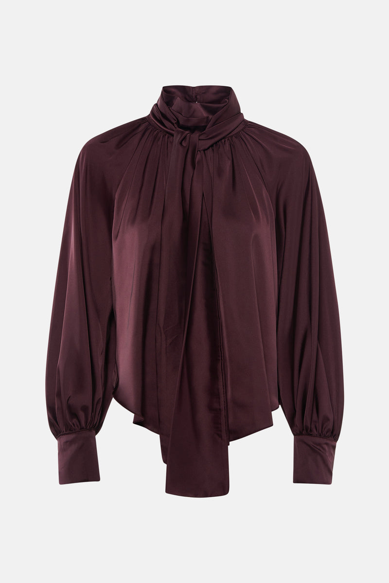 Bordeaux blouse met lange mouwen van Terra di Siena, met opstaande kraag en pofmouwen.