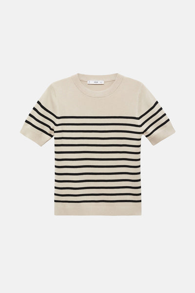 Ronde mouwige beige van MANGO, met horizontale zwarte strepen, gemaakt van fijne tricot.