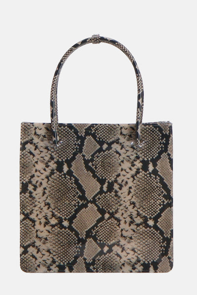 Sac à main beige de MANGO avec un imprimé peau de serpent sur toute la surface.