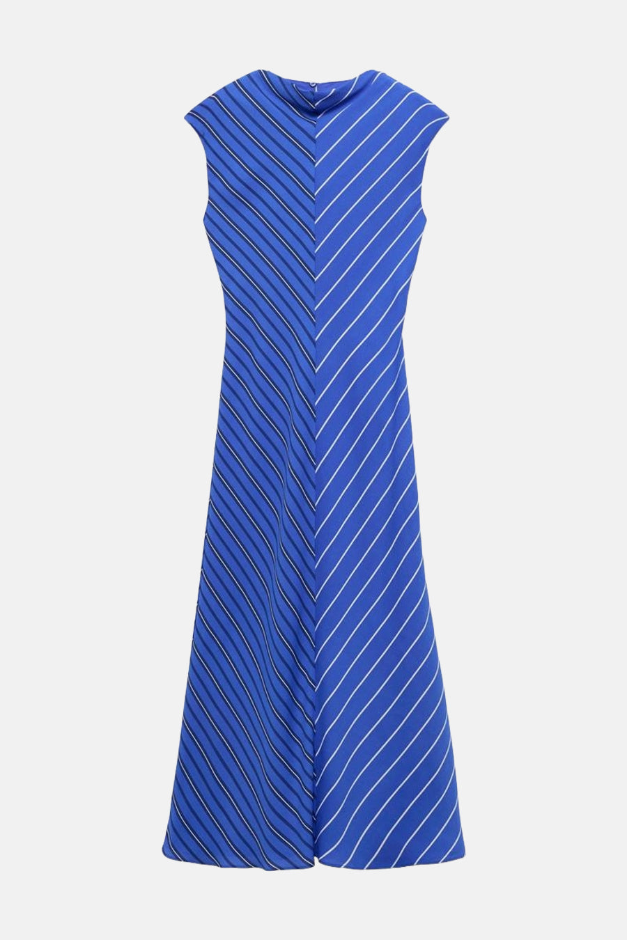 Blauwe gestreepte jurk van MANGO, A-lijn model met witte en marineblauwe lineaire patronen.