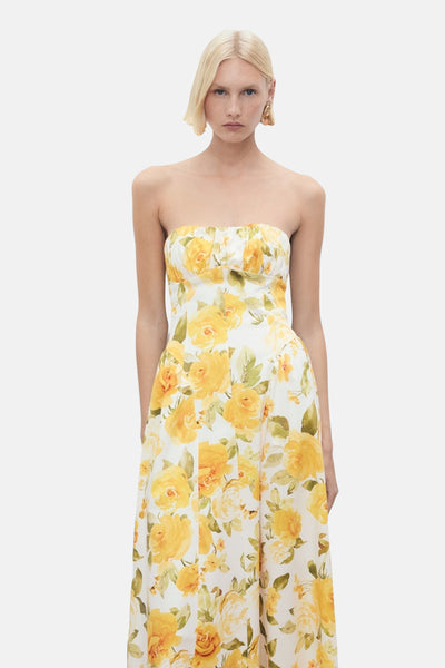 Gele jurk met bloemenprint van MANGO, mouwloos en bustier model.