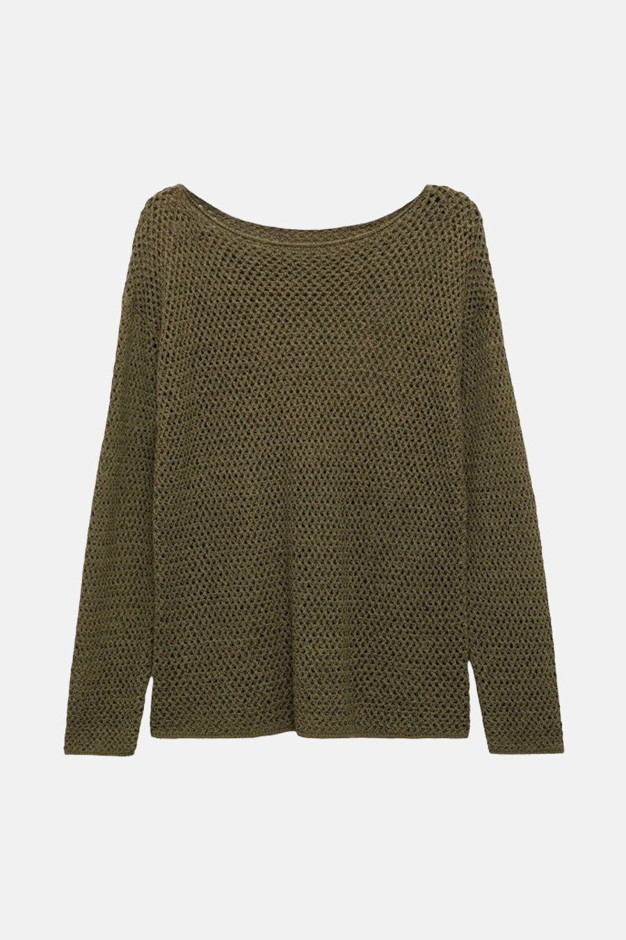 Pull col rond kaki de MANGO, en maille ajourée et à manches longues.