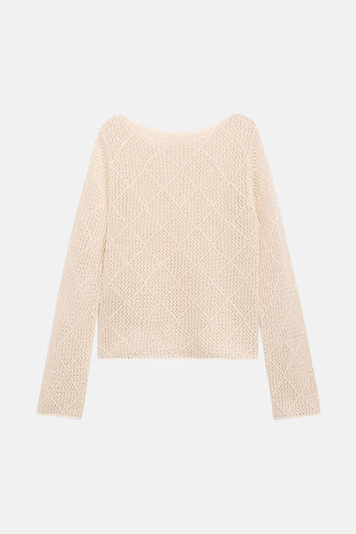 Pull écru à col rond par MANGO, en maille ajourée à motif de losanges.