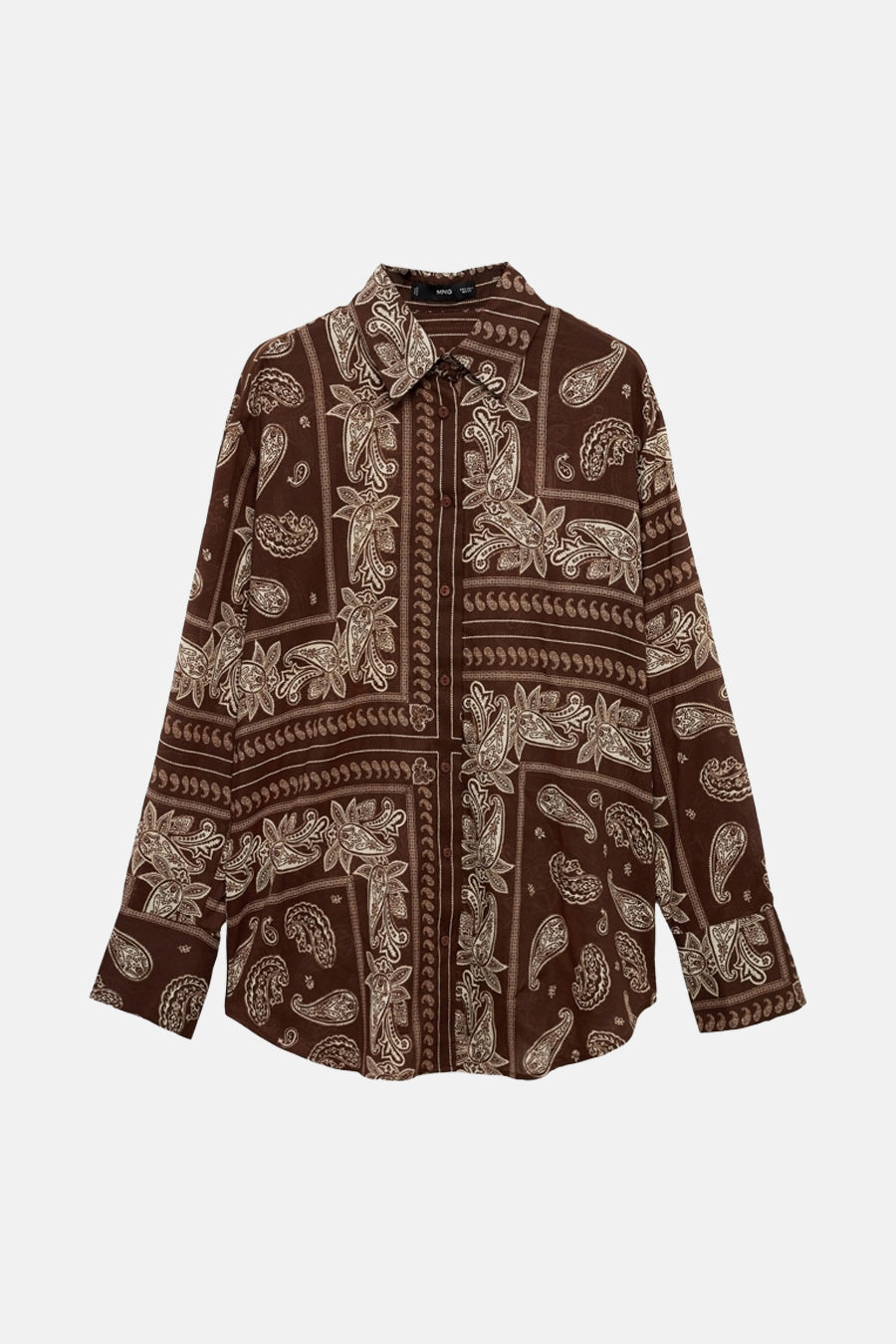 Chemise marron à manches longues de MANGO avec motif cachemire contrastant.