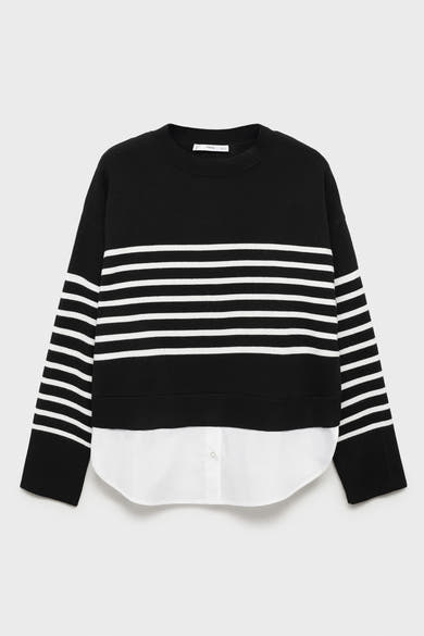 Zwarte rondehals trui van MANGO, met witte horizontale strepen, met een witte blouse-inzet onderaan.
