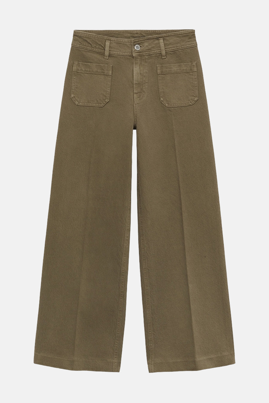 Kaki gekleurde broek van MANGO, met opgestikte zakken en wijde pijpen.