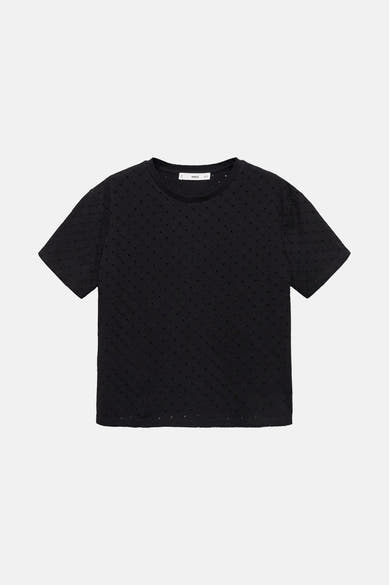 T-shirt noir à manches courtes de MANGO, avec motif à pois discrets sur toute la surface.