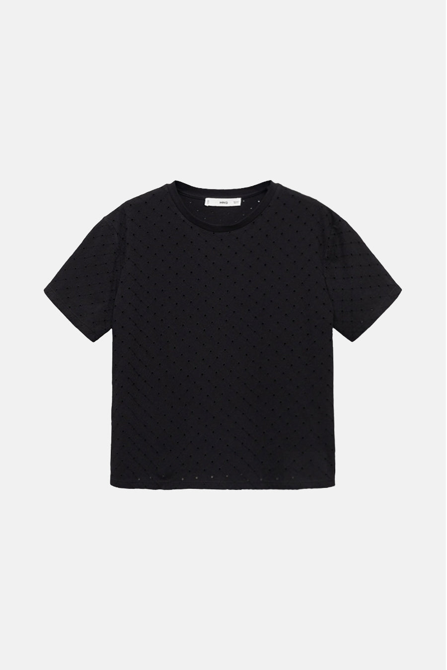 T-shirt noir à manches courtes de MANGO, avec motif à pois discrets sur toute la surface.