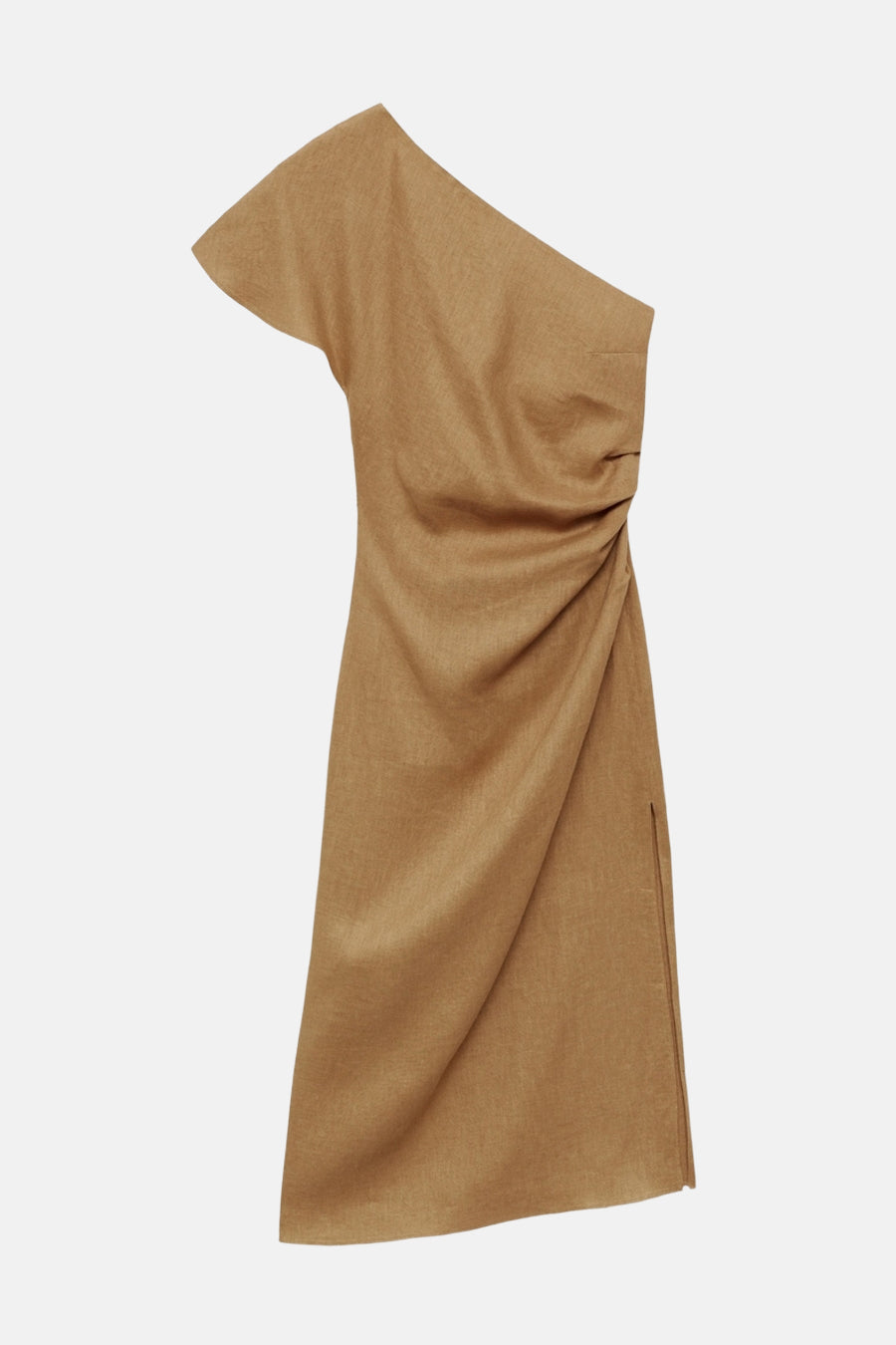 Bruine jurk van MANGO, asymmetrische pasvorm met één schouder, geplooide details en zijsplit.