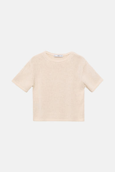 Pull à col rond beige de MANGO, en maille texturée à manches courtes.