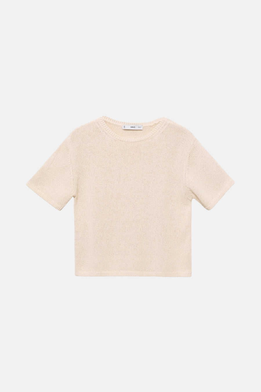 Pull à col rond beige de MANGO, en maille texturée à manches courtes.