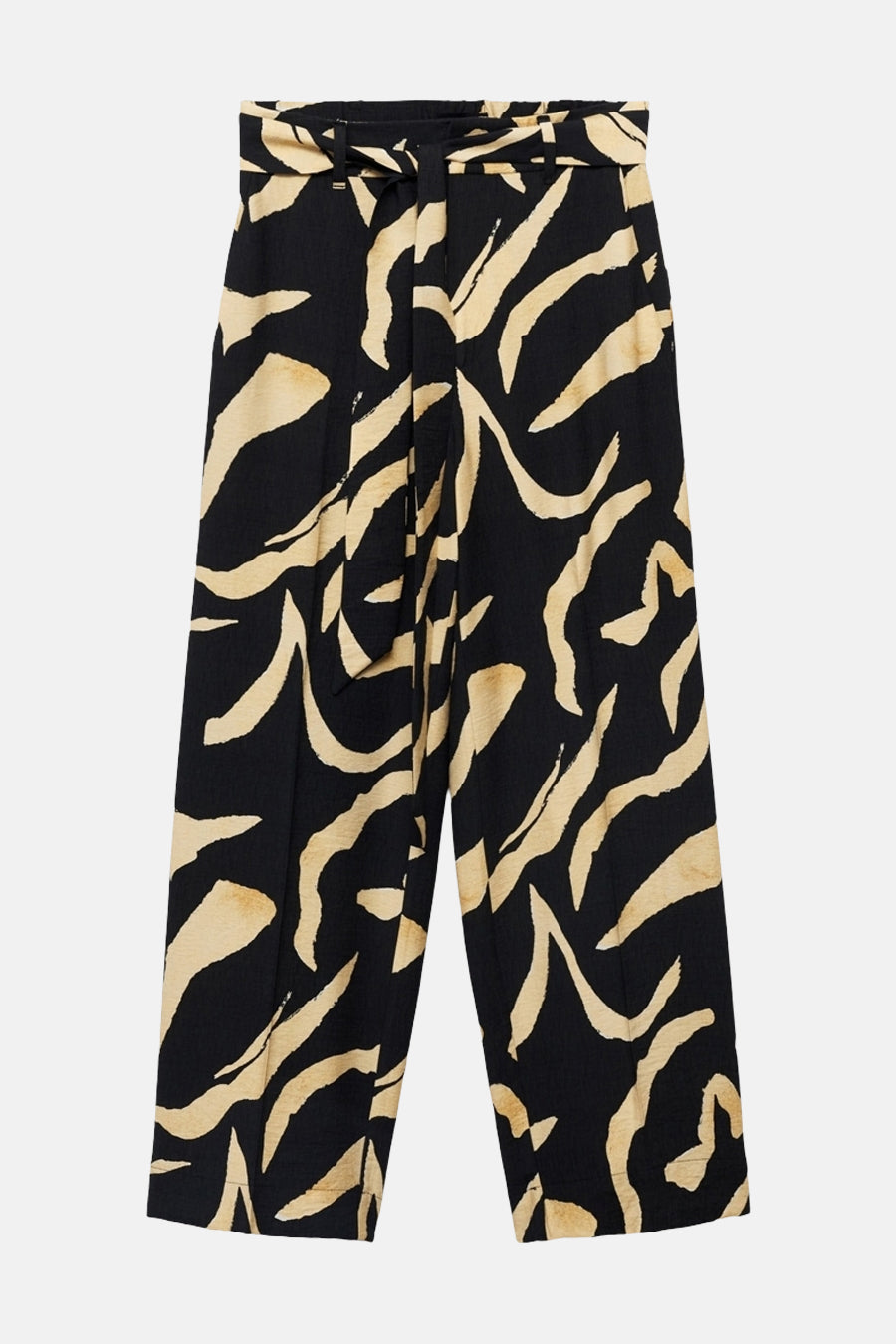 Zwart broek met zebraprint van MANGO met strikceintuur en wijde pasvorm.