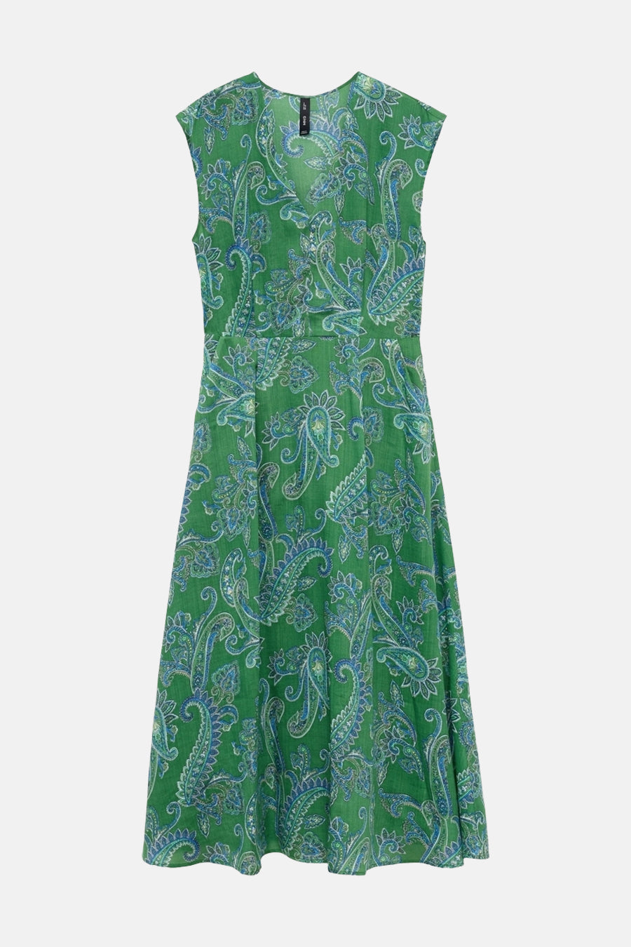 Groene jurk van MANGO met een blauw-wit paisley-patroon, uitlopende pasvorm en mouwloos.