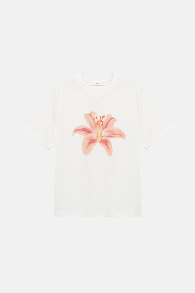 T-shirt à manches courtes blanc cassé de MANGO, orné d'un motif floral rose et orange.