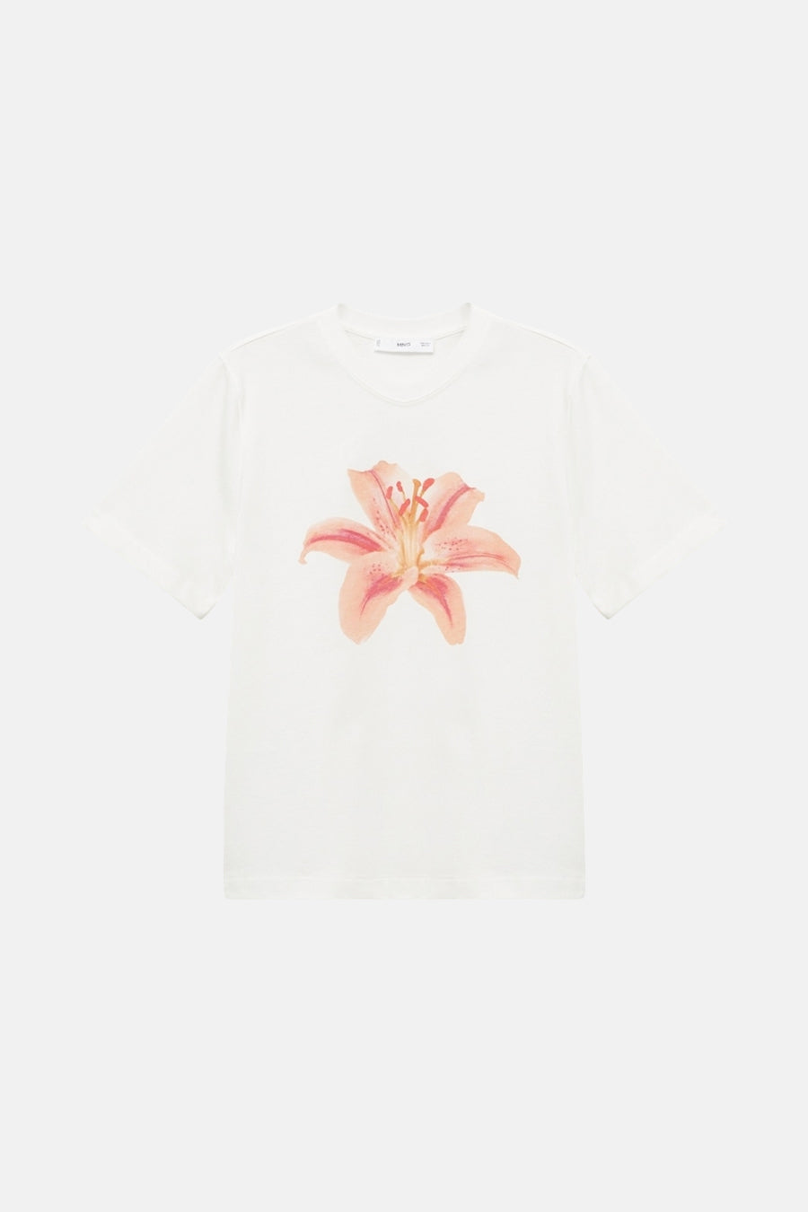 T-shirt à manches courtes blanc cassé de MANGO, orné d'un motif floral rose et orange.