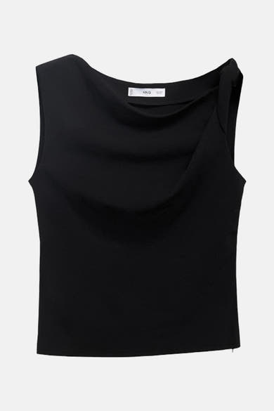 Zwarte tanktop van MANGO, met een asymmetrische gedrapeerde hals en een geknoopte schouder.