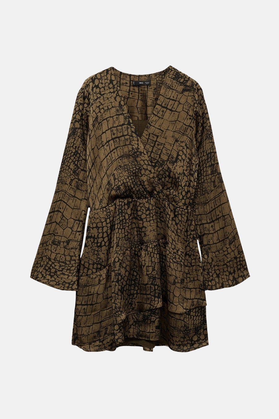 Kaki jurk met lange mouwen van MANGO, all-over krokodillenprint.