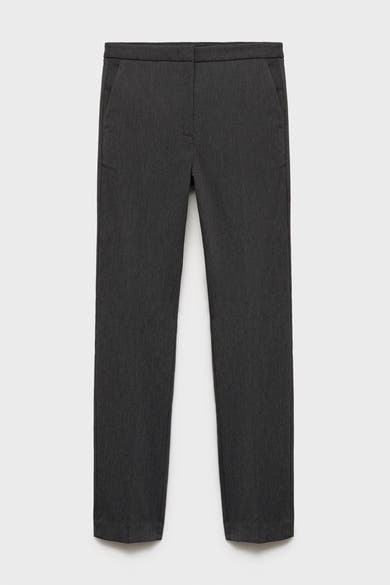 Grijze broek van MANGO, rechte pasvorm met zijzakken, op een witte achtergrond.