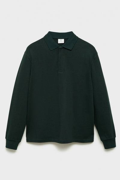 Groene MANGO sweater met lange mouwen, een klassieke polokraag en een discrete knoopsluiting.