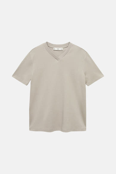 Grijs T-shirt met korte mouwen van MANGO, van effen tricot met een V-hals.
