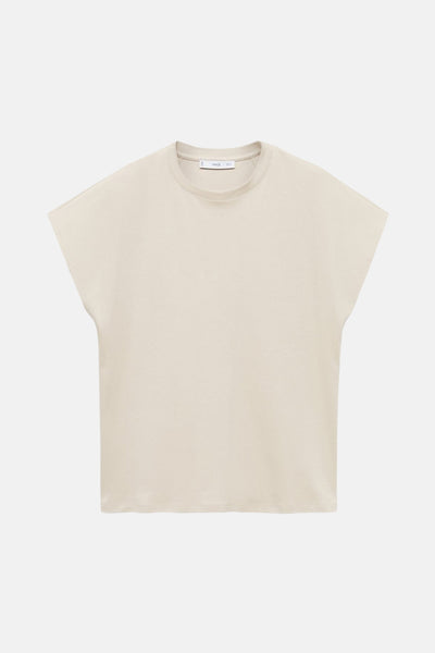 T-shirt beige à manches courtes de MANGO, coupe carrée et décontractée sur fond clair.