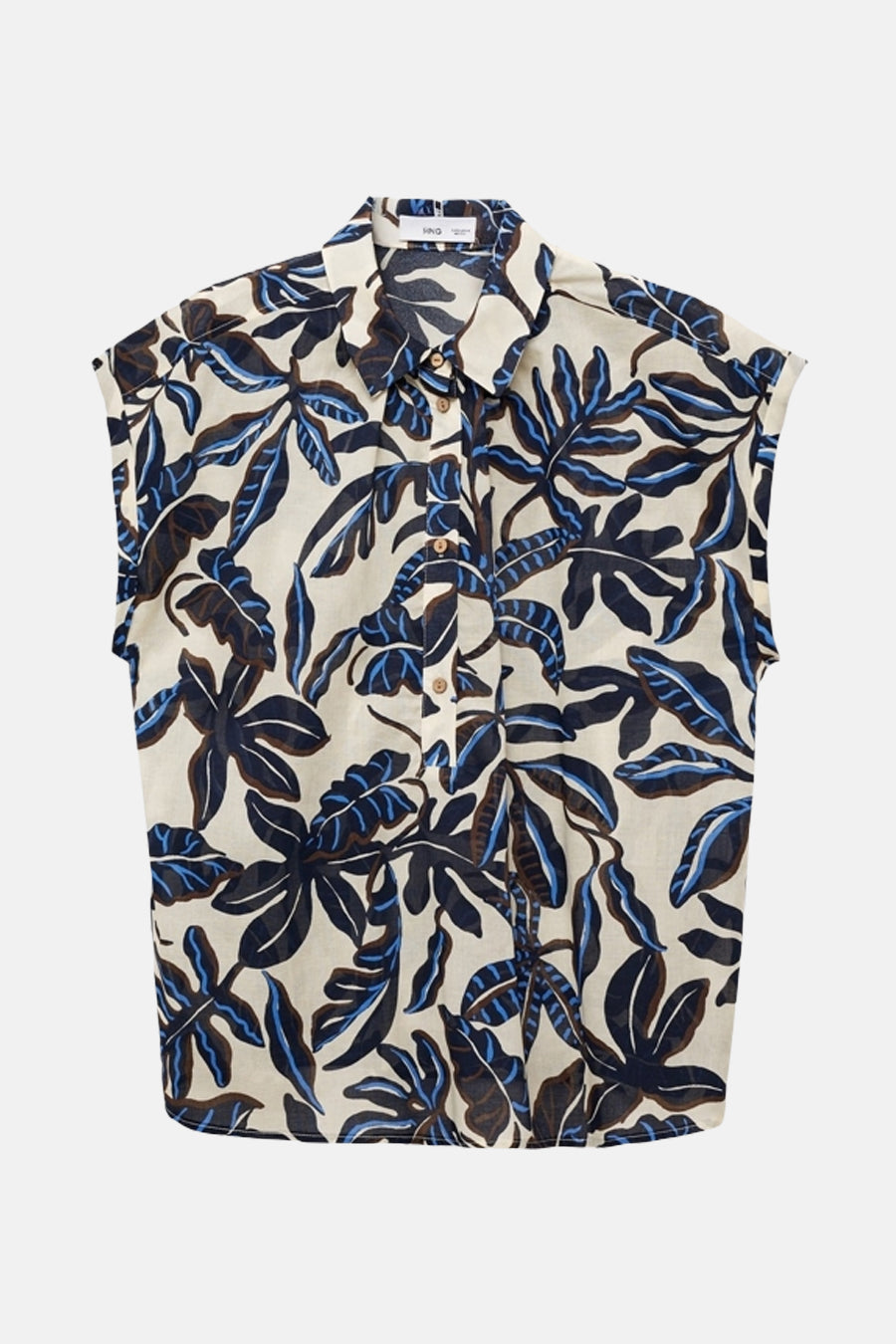 Multikleurig overhemd met korte mouwen van MANGO, met marineblauw en bruin bladmotief.