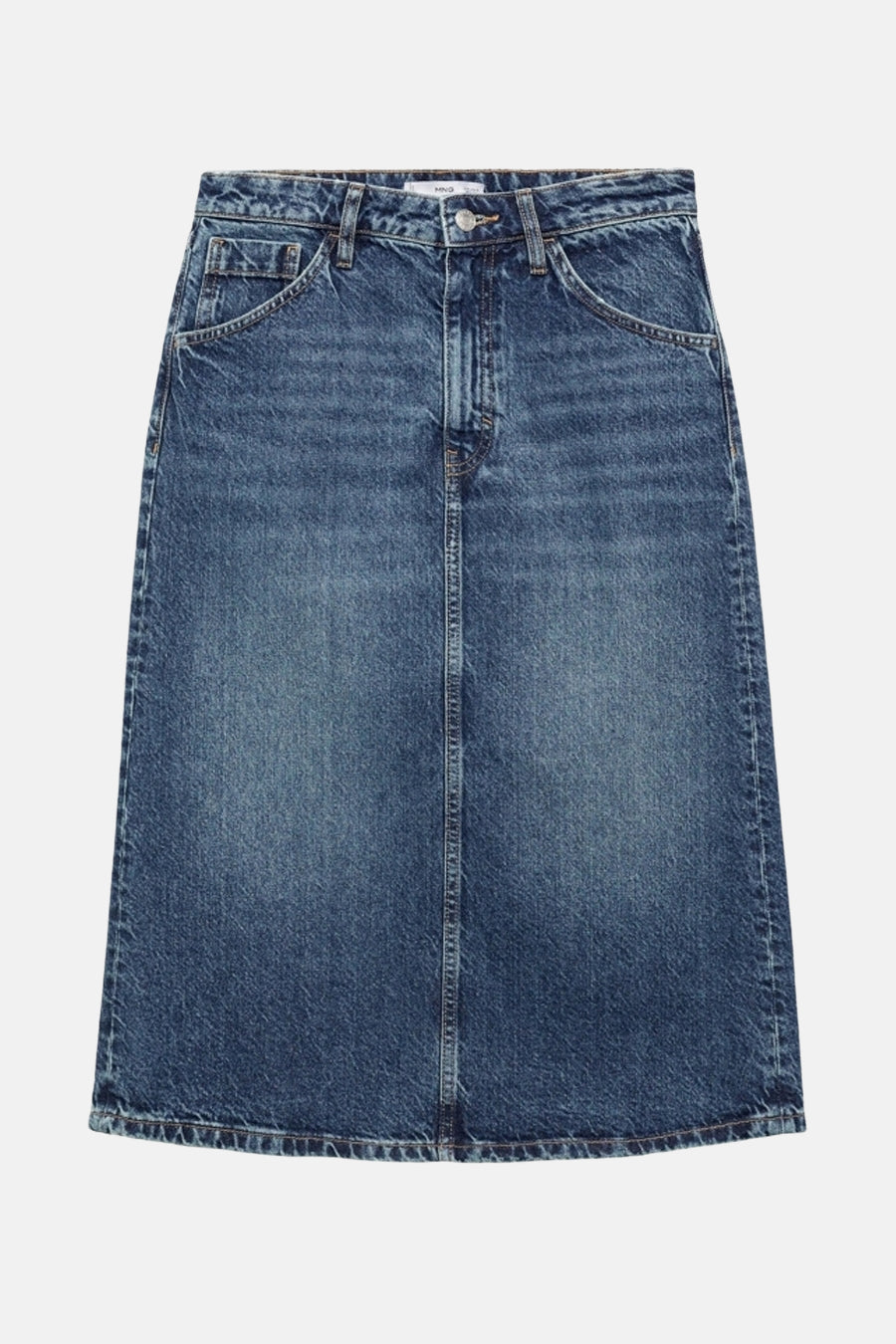 Midi-jeansrok in blauwe denim van MANGO, met een centrale split en denimstijl voorzakken.